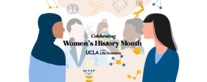 Illustration of women working in the science field, text says Celebrating Women's History Month
