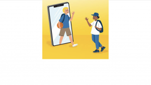 Illustration of a student stepping out of a smartphone screen to meet another student in person, representing the transition