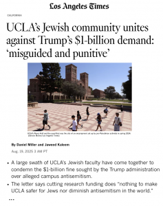 Los Angeles Times headline about UCLA's Jewish community uniting against Trump's billion-dollar demand, with photo of people