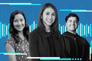 Three podcast hosts stand against a blue background with audio wave graphics, for the UCLA Minds Podcast Newsroom.
