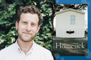 Professor Nicholas Shapiro next to the cover of his book "Homesick