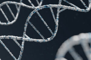 Illustration of a DNA double helix structure against a dark blue background, showing the characteristic twisted ladder