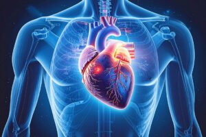 Anatomical illustration of a glowing heart highlighted in orange and red within a transparent blue human torso outline.