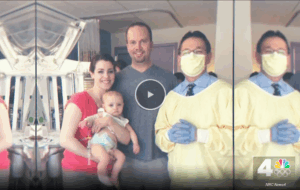 Family celebrating successful gene therapy treatment for rare immune disease at UCLA medical facility.