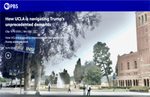 UCLA campus quad with students walking near historic buildings under blue PBS News Hour banner.