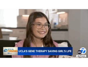 A young woman smiles during a news interview about UCLA's gene therapy treatment for ADA-SCID.
