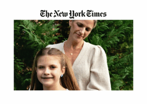 A woman and girl pose together outdoors with green foliage in the background for a New York Times article about gene therapy.