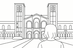 Back view of a person facing UCLA's iconic campus buildings with towers and arches.