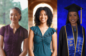 Three Bunche Fellows pose for portraits in professional settings, representing rising changemakers and scholars