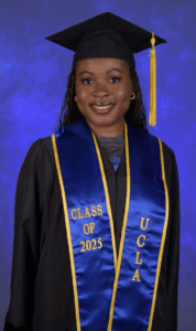 Portrait of a Bunche Fellow in graduation cap and gown with blue stole and honor cords for the Class of 2023.