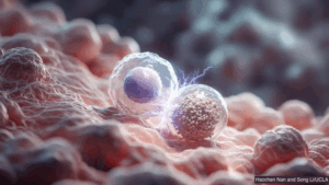 Two interacting spherical cells in pink tissue, connected by glowing electric-like signals