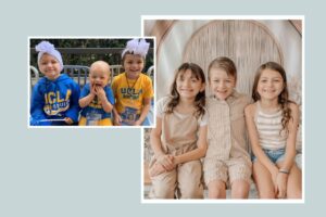 Two photos showing children in casual clothing, one group outdoors in sports jerseys and another group of three children