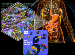 Composite image showing colorful microscopic organisms, an anatomical illustration of the human digestive system, and "The