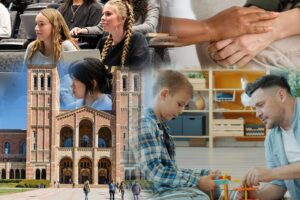 Collage showing UCLA's youth mental health initiative including campus architecture, counseling sessions, and community