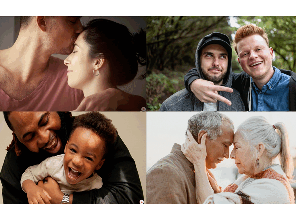 Collage of six photos showing psychology researchers and participants in various relationship moments, including couples