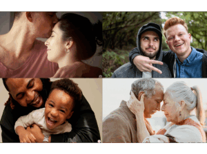 Collage of six photos showing psychology researchers and participants in various relationship moments, including couples