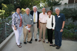 Six people stand together at the Mildred E. Mathias Botanical Garden La Kretz Garden Pavilion Open House with speaker…