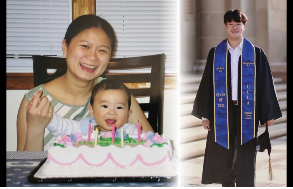Mom and baby Aidan Le on left. Aidan Le in graduation gown on right.