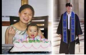 Mom and baby Aidan Le on left. Aidan Le in graduation gown on right.