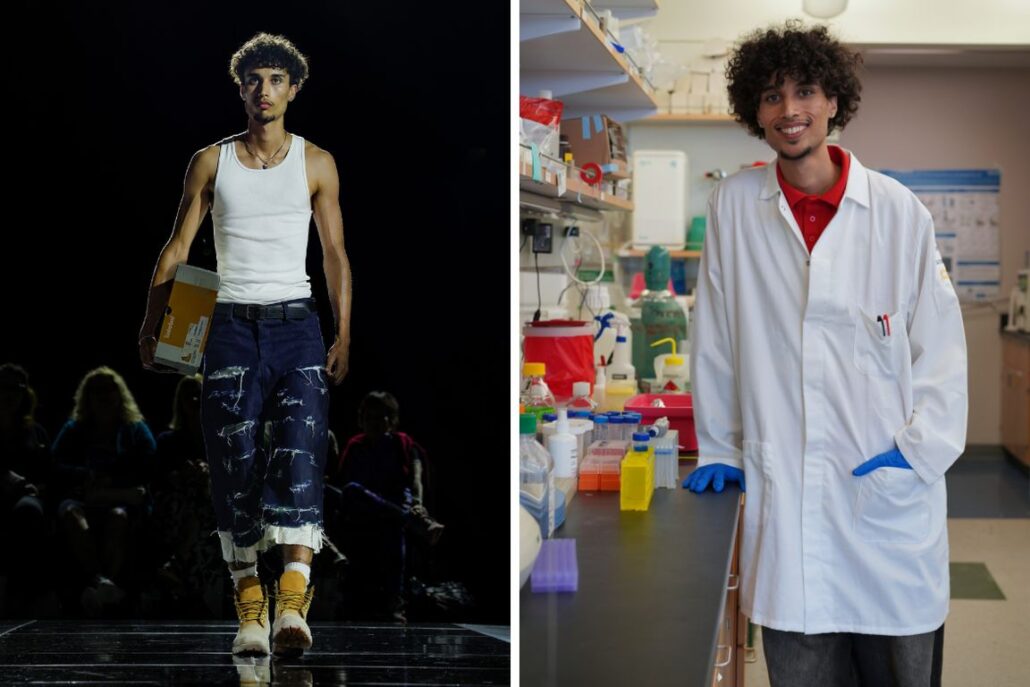 Left: Amadu Tadesse walking in a FAST runway show. Right: Amadu Tadesse working as an undergraduate researcher.