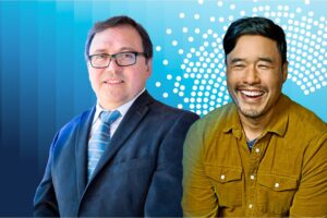 Miguel García-Garibay, left, and Randall Park against a blue graphic background; García-Garibary wears a suit and glasses, Park in a mustard shirt.
