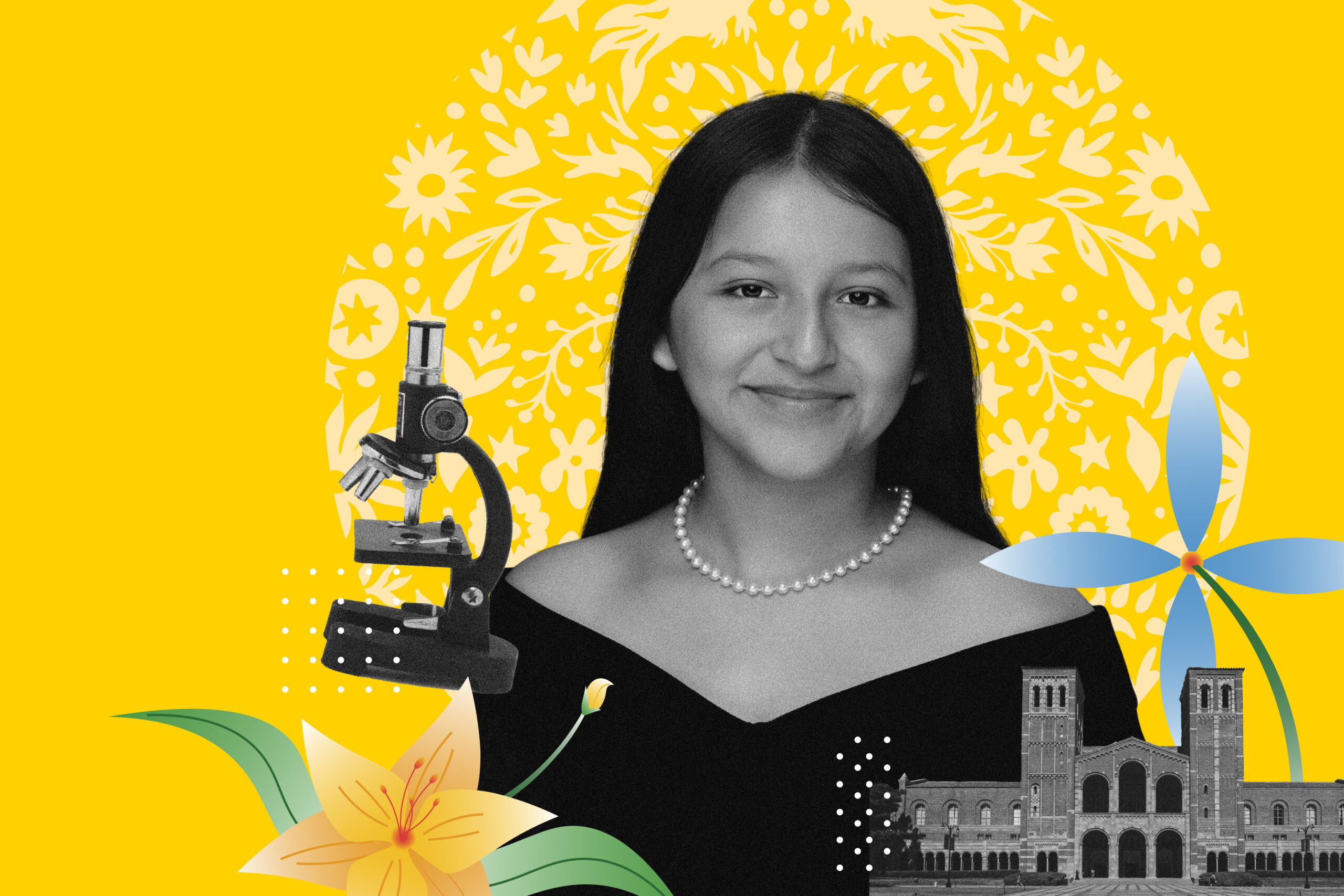 Alison Jimenez surrounded by illustrations of flowers, a microscope and Royce Hall against a bright yellow background. Credit: Trever Ducote/UCLA